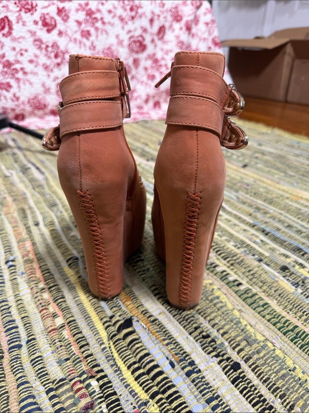Jeffrey Campbell Cognac Wedge Ankle Boots with Buckle Straps - Picture 4 of 8
